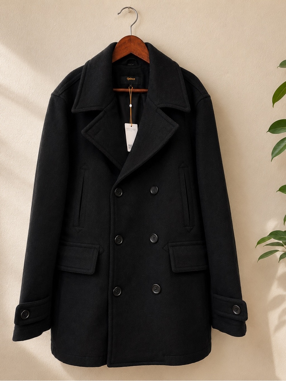 NWT Quince Wool Cashmere Peacoat Black XL Double Breasted Winter Coat Men